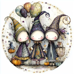 May include: Watercolor illustration of three whimsical figures in pointed hats and patterned coats, holding balloons and a basket. The figures stand in front of a white background with stars and pumpkins, creating a festive, fairytale scene.