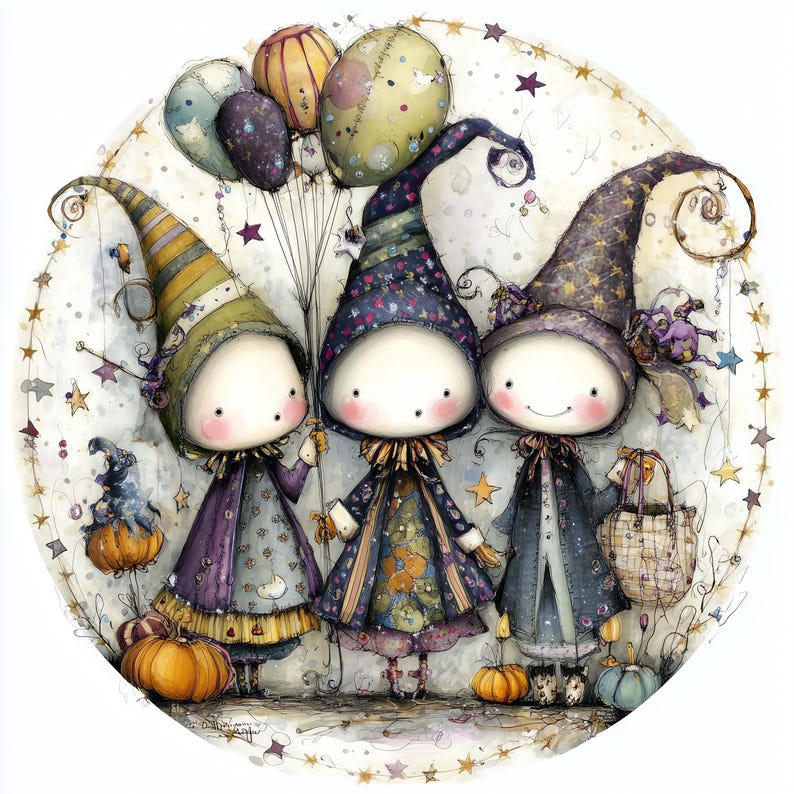 May include: Watercolor illustration of three whimsical figures in pointed hats and patterned coats, holding balloons and a basket. The figures stand in front of a white background with stars and pumpkins, creating a festive, fairytale scene.