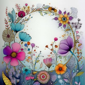 May include: Watercolor illustration of a floral wreath with an oval center. The wreath features a variety of colorful flowers in shades of pink, blue, orange, and purple, with green leaves and stems. The background is a soft, watercolor wash.
