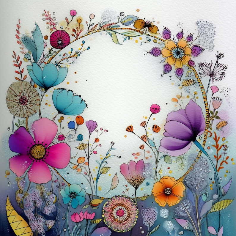 May include: Watercolor illustration of a floral wreath with an oval center. The wreath features a variety of colorful flowers in shades of pink, blue, orange, and purple, with green leaves and stems. The background is a soft, watercolor wash.