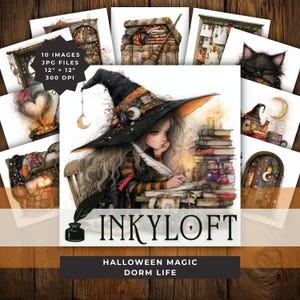 May include: A digital collection of 10 images featuring a witch wearing a large black hat, writing with a quill at a desk with stacked books and candles. The set includes various illustrations of magical items, a black cat, and a door. Text reads INKYLOFT.