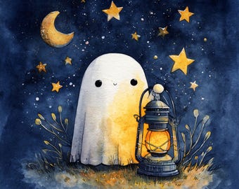 Halloween-Geist Clip Art 10 hochauflösende JPGs in Aquarellfarben, Junk Journaling, Scrapbooking, Kartenherstellung, digitaler Download, Sternenklare Nachtgeister