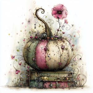K&ouml;nnte beinhalten: Eine skurrile Aquarellillustration eines K&uuml;rbisses mit gr&uuml;nem und rosa Streifenmuster, verziert mit winzigen H&auml;usern, Blumen und einem lockigen Stiel. Der K&uuml;rbis ruht auf einem Stapel B&uuml;cher und schafft eine m&auml;rchenhafte &Auml;sthetik.