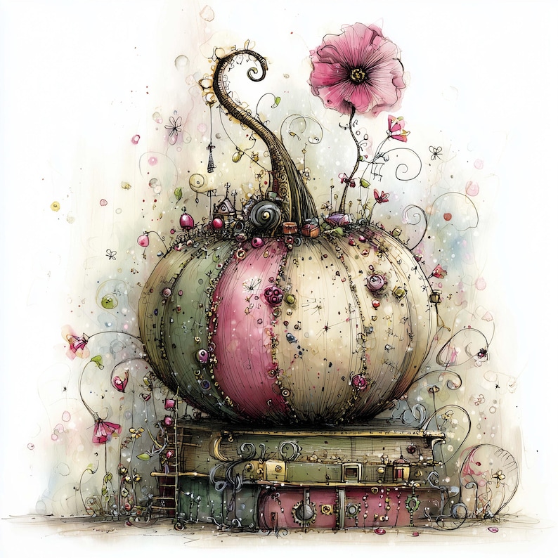 K&ouml;nnte beinhalten: Eine skurrile Aquarellillustration eines K&uuml;rbisses mit gr&uuml;nem und rosa Streifenmuster, verziert mit winzigen H&auml;usern, Blumen und einem lockigen Stiel. Der K&uuml;rbis ruht auf einem Stapel B&uuml;cher und schafft eine m&auml;rchenhafte &Auml;sthetik.