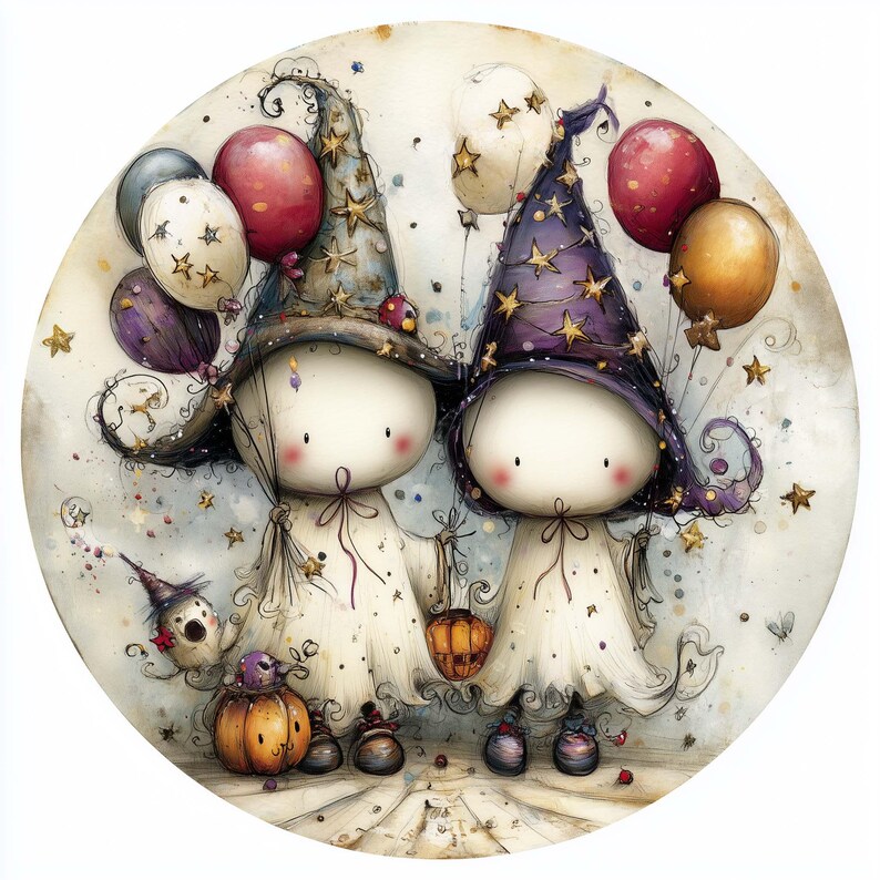 May include: A whimsical illustration of two figures in white robes and witch hats, holding balloons and a pumpkin. The hats are adorned with gold stars. The color palette includes white, purple, gold, and red, creating a festive Halloween theme.