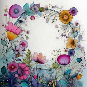 May include: Watercolor floral illustration featuring a vibrant array of flowers in shades of pink, yellow, purple, and blue. The flowers are arranged in a circular pattern, with delicate leaves and stems. The background is a soft, light blue.