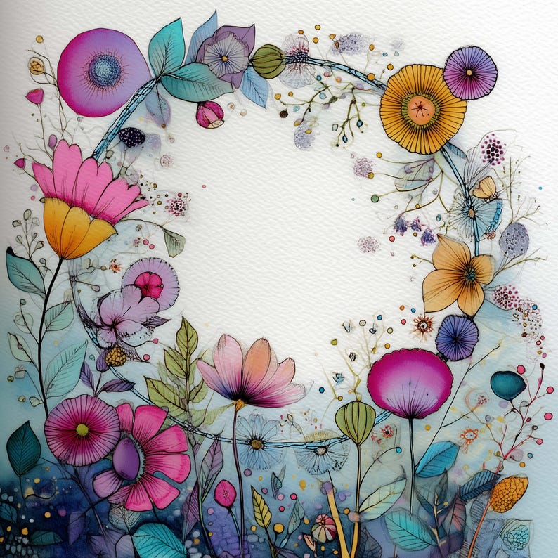 May include: Watercolor floral illustration featuring a vibrant array of flowers in shades of pink, yellow, purple, and blue. The flowers are arranged in a circular pattern, with delicate leaves and stems. The background is a soft, light blue.