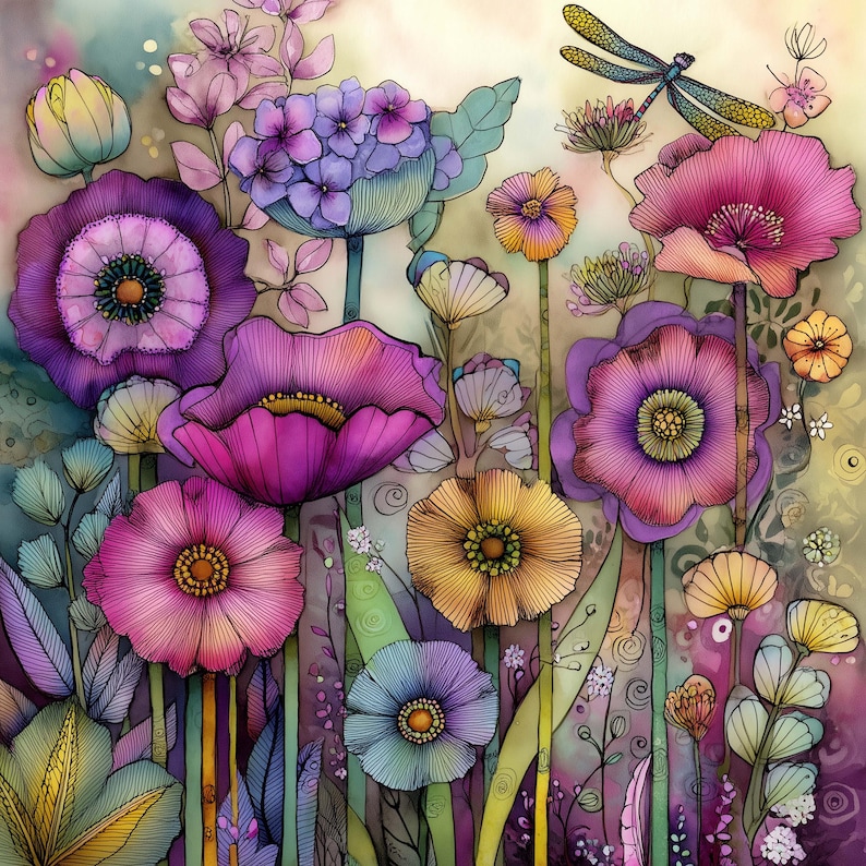 May include: A vibrant watercolor painting of a flower garden. The image features a variety of colorful flowers in shades of purple, pink, yellow, and blue. A dragonfly is perched above the flowers. The artwork has a whimsical and artistic style.