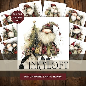 Könnte beinhalten: Eine Sammlung von Aquarelldrucken mit skurrilen Weihnachtsmannfiguren und Weihnachtsbäumen. Die Drucke zeigen ein Patchwork-Design mit einer neutralen Farbpalette. Der Text auf den Drucken lautet "10 JPGs 300 DPI 30.48cm x 30.48cm" und "INKYLOFT PATCHWORK SANTA MAGIC."