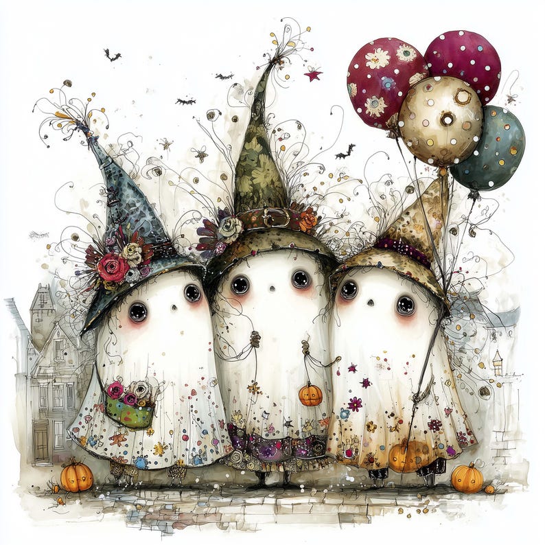 May include: Watercolor illustration of three whimsical ghosts dressed for Halloween. Each ghost wears a pointed witch hat and a patterned dress. One holds balloons, another a pumpkin, and the third a basket of flowers. Bats and stars decorate the background.