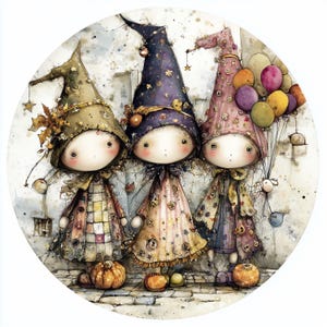 May include: A whimsical illustration features three doll-like figures in pointed hats and patterned dresses. Each figure holds a small pumpkin and is adorned with decorative elements. One figure holds a bunch of colorful balloons, set against a textured, neutral background.