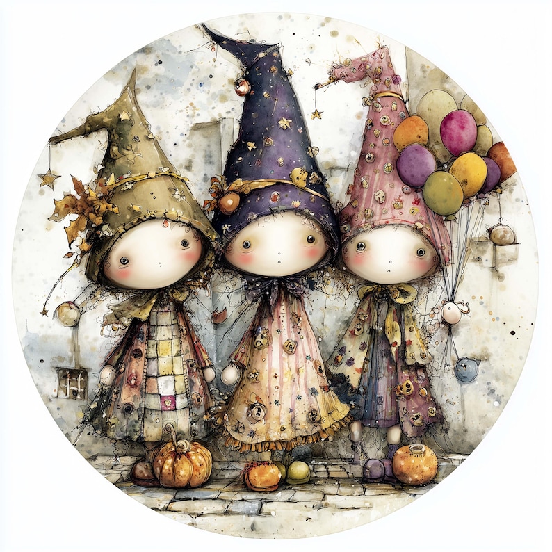 May include: A whimsical illustration features three doll-like figures in pointed hats and patterned dresses. Each figure holds a small pumpkin and is adorned with decorative elements. One figure holds a bunch of colorful balloons, set against a textured, neutral background.
