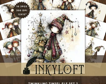 May include: A set of ten digital art prints featuring whimsical elf illustrations. The artwork showcases elves with oversized hats and scarves, alongside a decorated Christmas tree. The prints are 12x12 inches and 300 DPI, perfect for holiday decor.