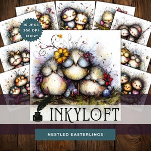 May include: A collection of digital art prints featuring whimsical bird illustrations. The prints showcase birds with floral accents and soft color palettes. The text "INKYLOFT" and "NESTLED EASTERLINGS" are visible. Each print is 12x12 inches.