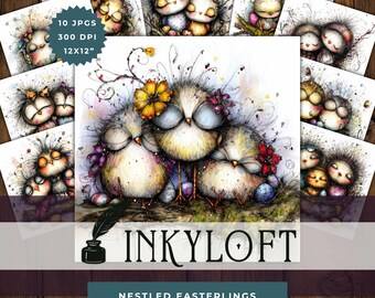 Nestled Easterlings Clipart Set - 10 High Res Watercolor JPGs, Whimsical Easter Birds, Cozy Spring Chicks, Storybook Folk Art