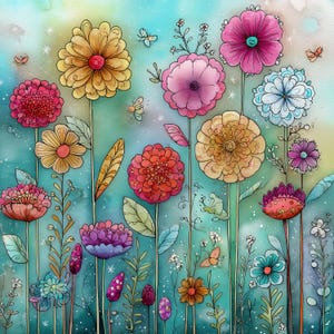 May include: Watercolor painting of a vibrant flower garden. The artwork features a variety of colorful flowers in shades of pink, yellow, orange, and blue, with green stems and leaves. Butterflies and small white stars are scattered throughout the scene.