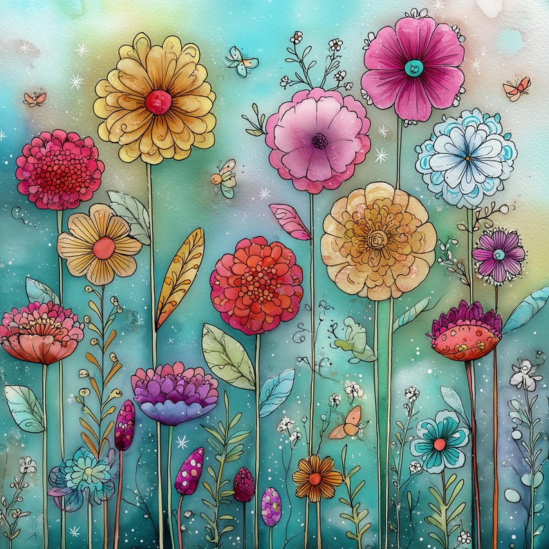 May include: Watercolor painting of a vibrant flower garden. The artwork features a variety of colorful flowers in shades of pink, yellow, orange, and blue, with green stems and leaves. Butterflies and small white stars are scattered throughout the scene.