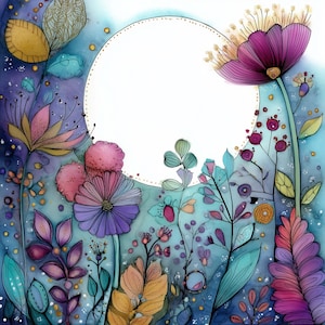 May include: Watercolor illustration of colorful flowers in shades of purple, pink, yellow, and blue. A white circle with a gold border is in the center, surrounded by the floral design. The artwork has a whimsical, artistic style.