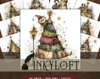Nordic Christmas Trees Clipart Set, 10 JPGs of Whimsical Holiday Illustrations, Junk Journaling, Scrapbooking, Card Making, Digital Download