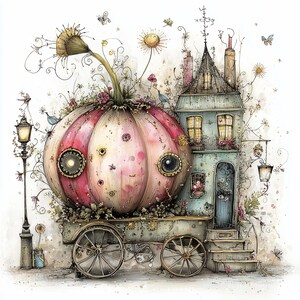 K&ouml;nnte beinhalten: Eine skurrile Illustration einer K&uuml;rbis-Kutsche mit einem Haus. Der K&uuml;rbis ist rosa und wei&szlig; mit kreisf&ouml;rmigen Fenstern. Das Haus ist hellblau mit einem dunklen Dach. Die Kutsche hat Speichenr&auml;der und ist mit Blumen und Ranken verziert.