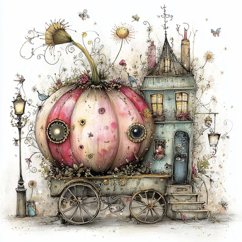 K&ouml;nnte beinhalten: Eine skurrile Illustration einer K&uuml;rbis-Kutsche mit einem Haus. Der K&uuml;rbis ist rosa und wei&szlig; mit kreisf&ouml;rmigen Fenstern. Das Haus ist hellblau mit einem dunklen Dach. Die Kutsche hat Speichenr&auml;der und ist mit Blumen und Ranken verziert.