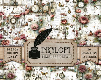 Timeless Petals: Vintage Clockwork Garden - 16 Seamless Junk Journal Paper Set - Shabby Chic Backgrounds - 12x12" 300 DPI - Digital Download