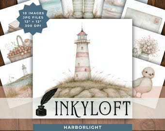 Whimsical Coastal Storybook Clipart Set, Lighthouse, Picnic, Vintage Book & Gull, Summer Junk Journal JPG