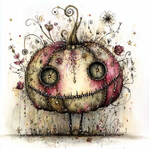 K&ouml;nnte beinhalten: Eine skurrile Illustration einer k&uuml;rbisartigen Figur mit einem gen&auml;hten Design. Der K&uuml;rbis hat gro&szlig;e, kreisf&ouml;rmige Augen, einen gen&auml;hten Mund und ist mit floralen und rankenartigen Details in Rosa, Beige und Braun verziert. Das Kunstwerk hat ein M&auml;rchen- oder Fantasy-Thema.