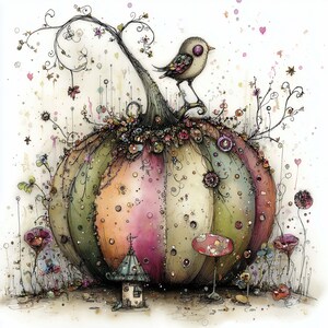K&ouml;nnte beinhalten: Eine skurrile Aquarellillustration eines gro&szlig;en, farbenfrohen K&uuml;rbisses mit einem Vogel, der obenauf sitzt. Der K&uuml;rbis ist in gr&uuml;ne, orange und rosa Abschnitte unterteilt, die mit Blumen und dekorativen Elementen verziert sind. Ein kleines Haus und ein Pilz befinden sich am Fu&szlig;.