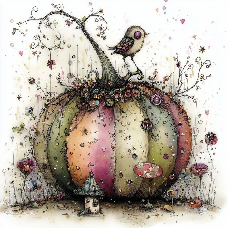 K&ouml;nnte beinhalten: Eine skurrile Aquarellillustration eines gro&szlig;en, farbenfrohen K&uuml;rbisses mit einem Vogel, der obenauf sitzt. Der K&uuml;rbis ist in gr&uuml;ne, orange und rosa Abschnitte unterteilt, die mit Blumen und dekorativen Elementen verziert sind. Ein kleines Haus und ein Pilz befinden sich am Fu&szlig;.