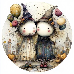May include: A whimsical illustration of two doll-like figures dressed as witches, standing side-by-side. They wear pointed hats and dresses, holding balloons. The background features a town scene with pumpkins and buildings, creating a Halloween theme.