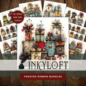 May include: Watercolor illustrations of gift boxes with frosted ribbon bundles. The image includes the text "INKYLOFT" and "FROSTED RIBBON BUNDLES". The image also includes the text "10 JPGs 300 DPI 12x12". The gifts are in various colours.