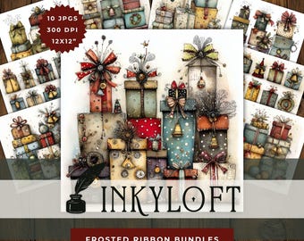 Frosted Ribbon Bundles - 10  Hight Res JPGs of Whimsical Christmas Gift | Cozy Holiday Presents, Vintage Packages & Festive Wrapping Art
