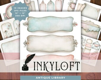 Antique Library Labels JPG Clipart, Vintage Archive Tabs, Bookish Ephemera for Journals