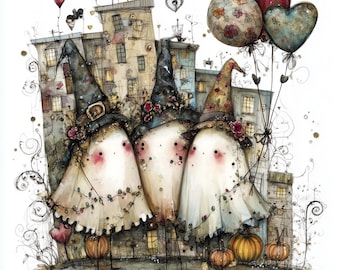 Cute Halloween Ghost Clipart Bundle – 10 JPGs with Ghosts, Balloons and Pumpkins – Spooky Pastel Printable Art for DIY and Crafts