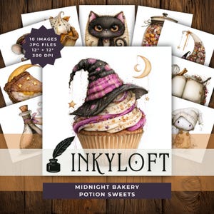 May include: A digital collection of 10 images featuring whimsical illustrations of cupcakes with witch hats, a black cat, potion bottles, and baked goods. The text 10 IMAGES JPG FILES 30.48 cm x 30.48 cm 300 DPI, INKYLOFT, and MIDNIGHT BAKERY POTION SWEETS is visible.