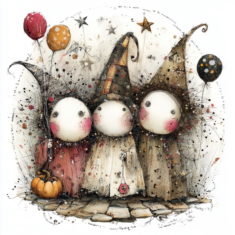 May include: Whimsical illustration of three figures with large white heads, rosy cheeks, and button eyes, wearing patterned outfits and tall hats. Balloons and stars float around them, with a small pumpkin at their feet. The artwork has a soft, watercolor-like texture.