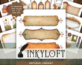 Antique Library Labels JPG Clipart, Vintage Archive Tabs, Bookish Ephemera for Journals