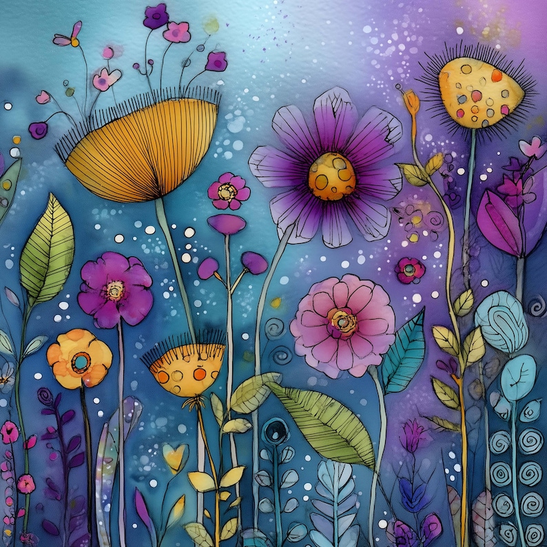 May include: A vibrant watercolor painting of stylized flowers in shades of purple, pink, yellow, and orange against a blue background. The artwork features various flower shapes and sizes, with detailed line work and a whimsical feel.