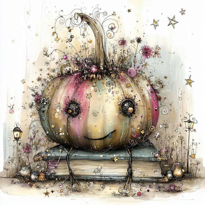 K&ouml;nnte beinhalten: Eine skurrile Illustration eines l&auml;chelnden K&uuml;rbisses mit rosa und gelben Streifen, verziert mit Blumen und Sternen. Der K&uuml;rbis sitzt auf zwei B&uuml;chern, mit filigranen Details und einer m&auml;rchenhaften &Auml;sthetik. Das Kunstwerk hat einen weichen Aquarellstil.