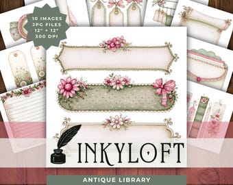 Antique Library Labels JPG Clipart Set for Junk Journals and Bookish Planners