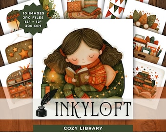 Cozy Library Nook Clipart Set, Back to School Reading Corner JPG Graphics