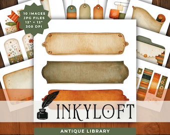 Antique Library Labels JPG Clipart, Vintage Archive Tabs for Junk Journals and Planner Decor