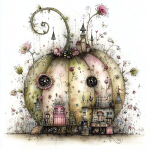 K&ouml;nnte beinhalten: Skurrile Illustration eines k&uuml;rbisf&ouml;rmigen Hauses mit M&auml;rchen&auml;sthetik. Das Haus hat eine rosa T&uuml;r, mehrere Fenster und einen Turm. Zarte Ranken, rosa Rosen und kleine Details zieren die Oberfl&auml;che des K&uuml;rbisses und schaffen eine bezaubernde und fantastische Szene.