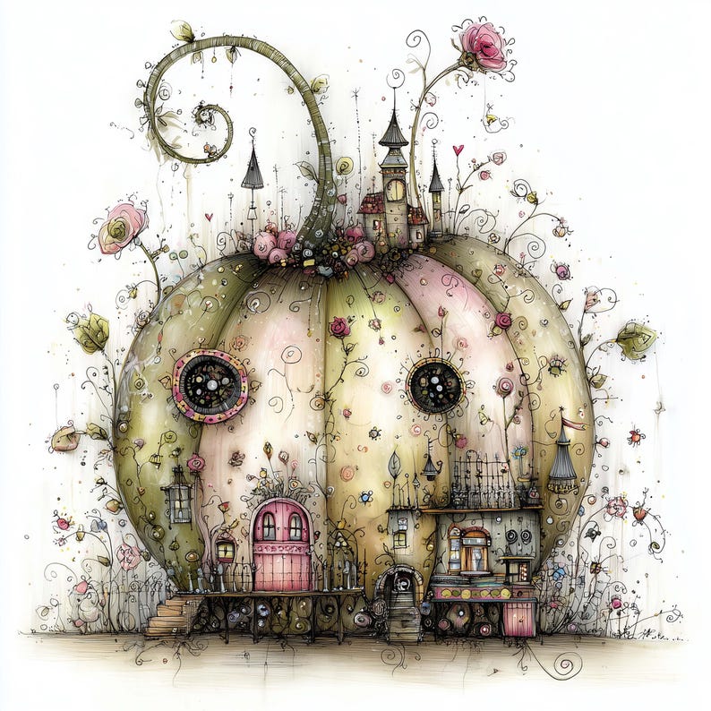 K&ouml;nnte beinhalten: Skurrile Illustration eines k&uuml;rbisf&ouml;rmigen Hauses mit M&auml;rchen&auml;sthetik. Das Haus hat eine rosa T&uuml;r, mehrere Fenster und einen Turm. Zarte Ranken, rosa Rosen und kleine Details zieren die Oberfl&auml;che des K&uuml;rbisses und schaffen eine bezaubernde und fantastische Szene.