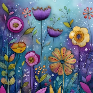 May include: A vibrant floral illustration featuring stylized flowers in shades of purple, yellow, orange, and pink against a blue and purple background. The artwork showcases various flower shapes and sizes, with detailed petals and centers, creating a whimsical garden scene.