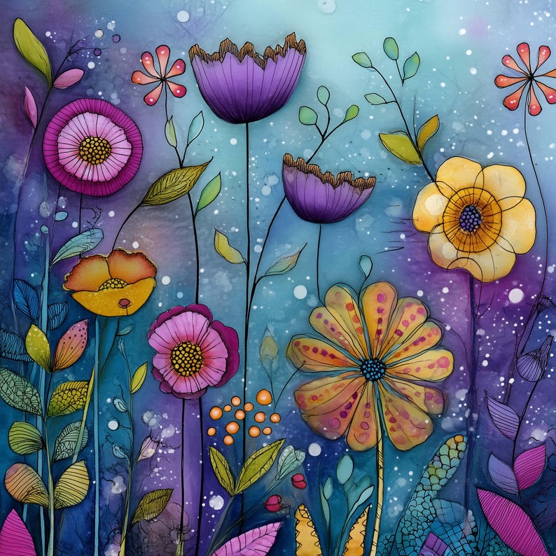 May include: A vibrant floral illustration featuring stylized flowers in shades of purple, yellow, orange, and pink against a blue and purple background. The artwork showcases various flower shapes and sizes, with detailed petals and centers, creating a whimsical garden scene.