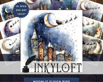 Moonlit Sleigh Ride - 10  Hight Res JPGs of Whimsical Christmas Eve | Santa & Reindeer, Night Sky Storybook Clipart, Holiday Illustrations