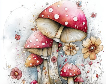 Whimsical Mushroom Clip Art 10 High Res Watercolor JPGs, Junk Journaling, Scrapbooking, Card Making, Digital Download, Boho Fungi Ephemera