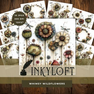 May include: A collection of whimsical wildflower art prints. The prints feature colorful, stylized flowers with dragonfly accents. The text "INKYLOFT" and "WHIMSY WILDFLOWERS" are displayed. The prints are 12x12 inches and 300 DPI.